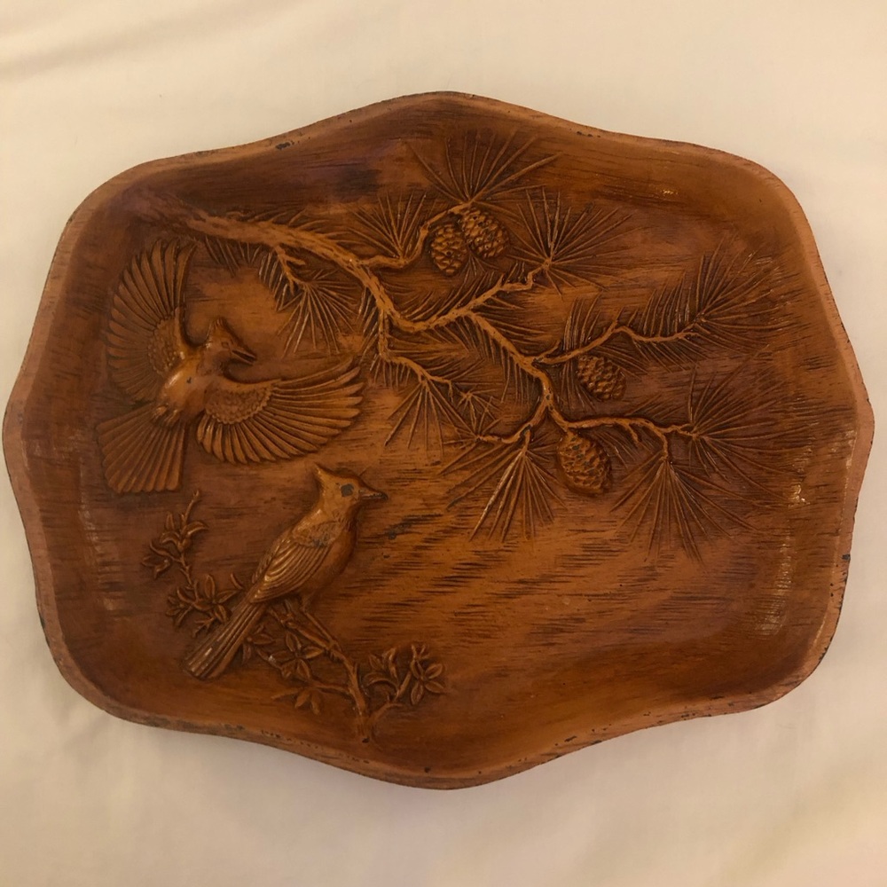 Multi-Products, Inc. Carved Faux Wooden Tray, 1960, Bird & Pinecone Motif; MCM